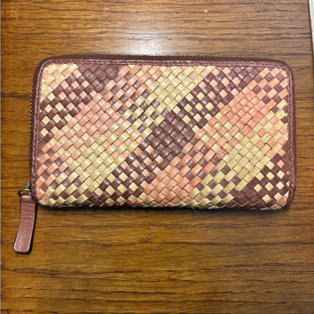 MADE IN INDIA Genuine Leather brown, tan, and cream tile design wallet